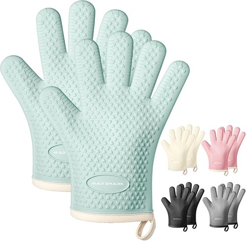 MAD SHARK Silicone Oven Mitts - Heat Resistant 450°F | Waterproof, Non-Slip, Cotton Lined - Green