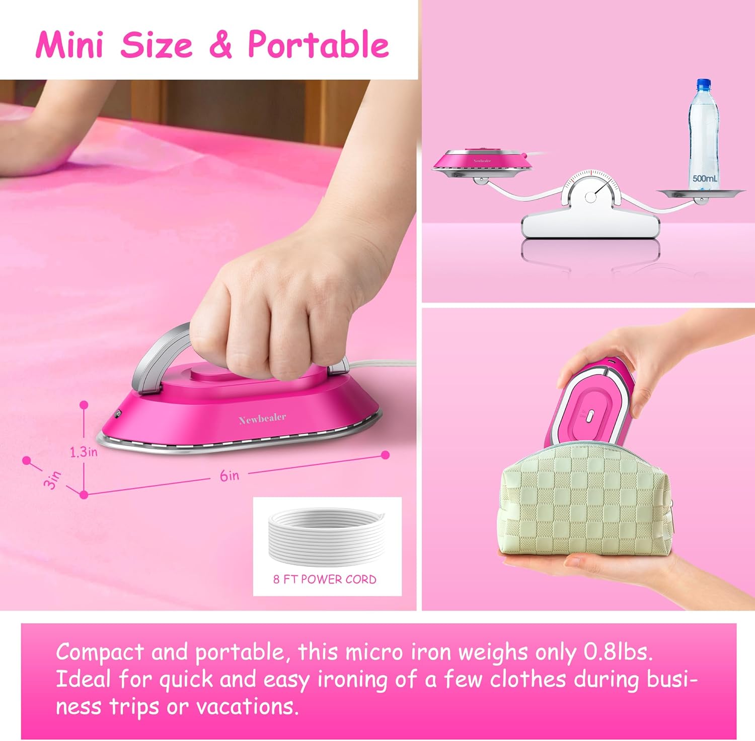 Newbealer Travel Iron - Mini Dry Iron with Global Voltage, 100-240V, 300W, Non-Stick Soleplate, Hot Pink