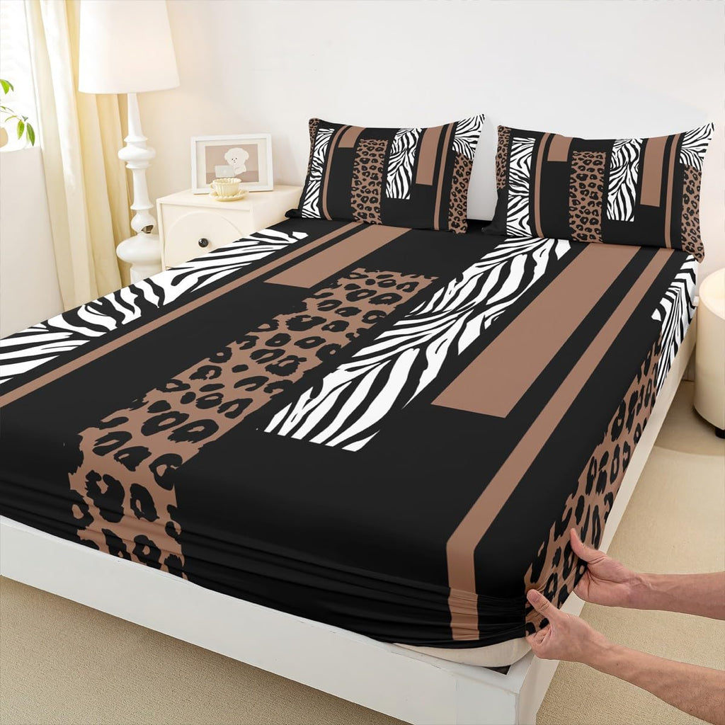 Leopard Print Sheet King Size,Cheetah Zebra Skin Rustic Bedding Set,Girls Women Room Decor,Geometric Squares Patchwork Fashion Brown Black Retro Bed Sheet Set 4pcs(Fitted + Flat + 2 Pillowcases)