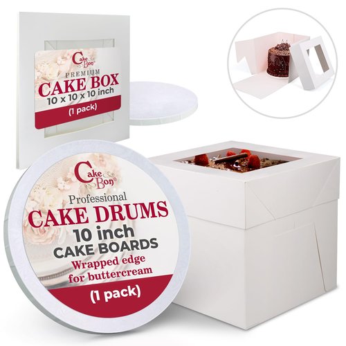 Cakebon Cake Boxes with Drums - 10 Inch Round White Cake Boards/Base para Pasteles (1-Pack) - Caja para Pasteles with Window for Birthdays, Weddings and Parties