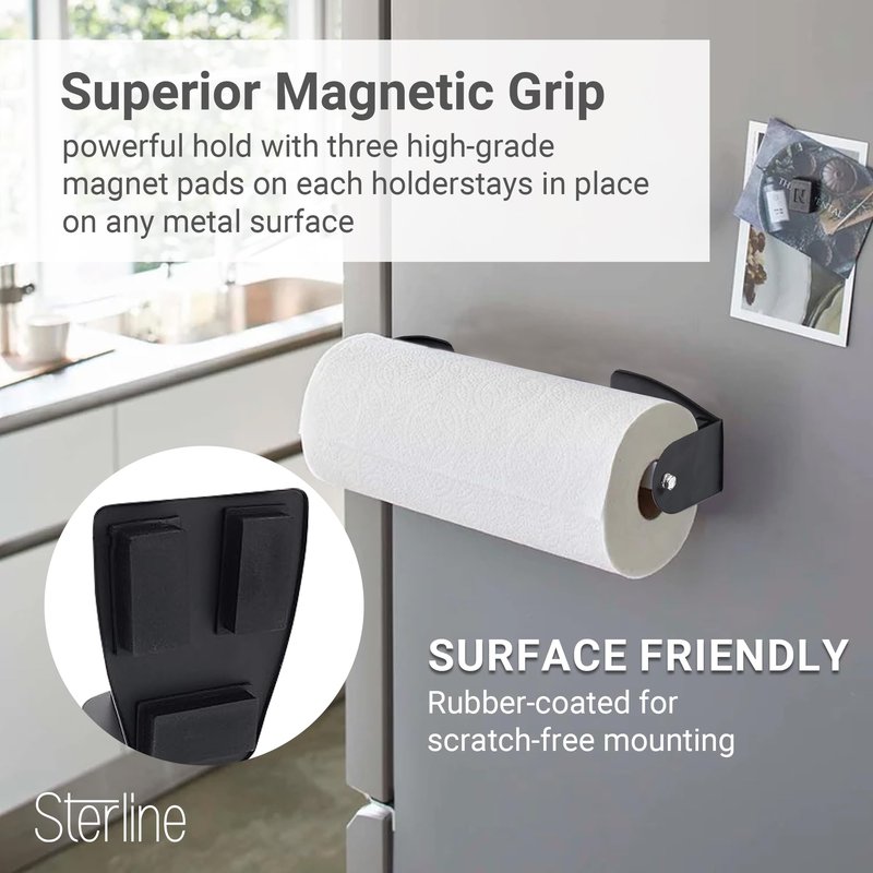 Sterline Magnetic Paper Towel Holder - 2-Piece Adjustable Heavy Duty Steel Shop Towel Holder for Toolbox, Refrigerator, & Grill - Wall Mount Organizer for Garage, RV Essentials, Kitchen, & Workshop