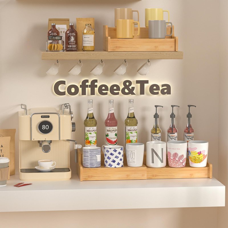 Hongtamoya 2-Tier Expandable Coffee Mug Holder, Mug Organizer for Kitchen Cabinets, Bamboo Mug Cup Rack, Multi-Functional Cup Holder Shelf, Coffee Bar Organizer, Home