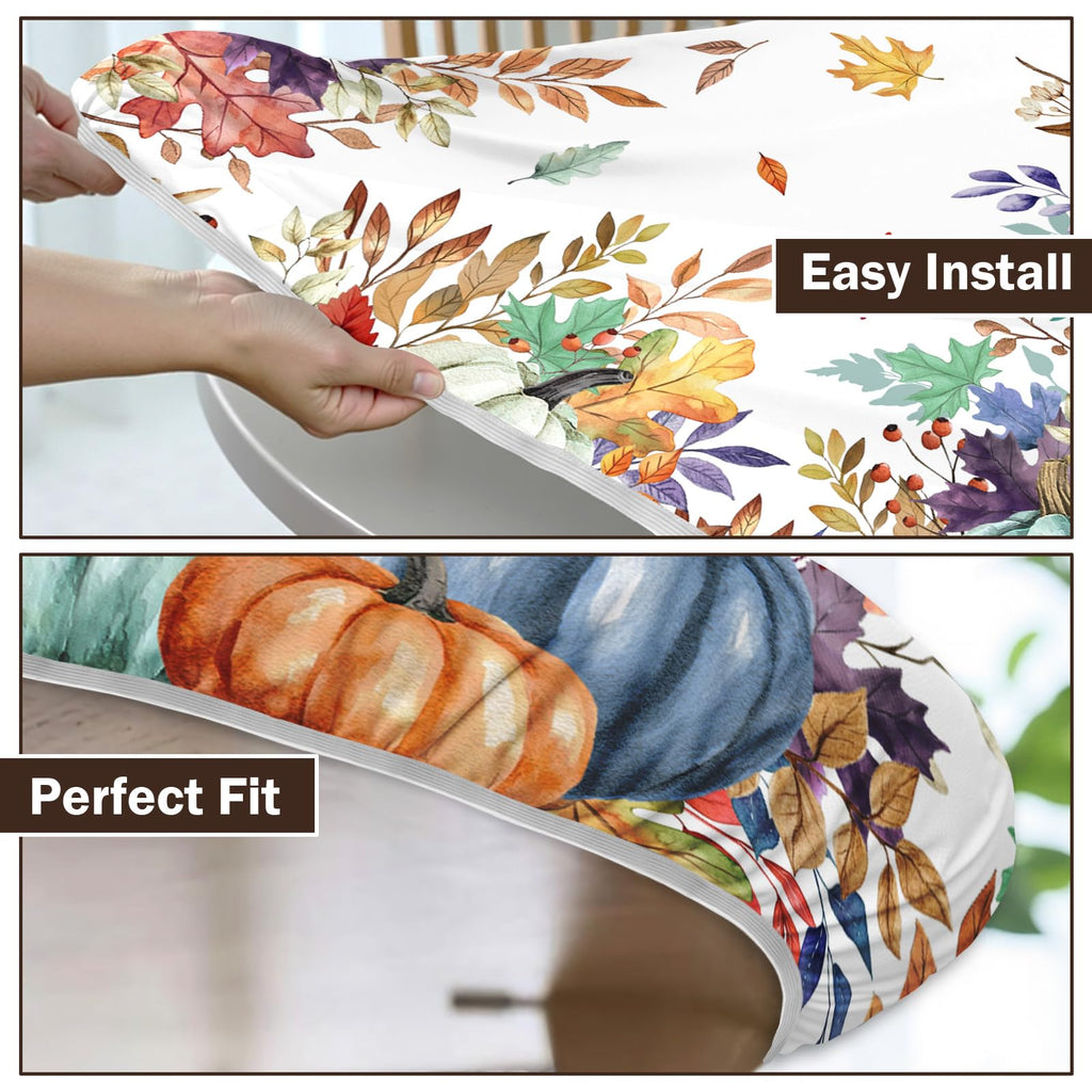 Fall Round Fitted Tablecloth with Elastic Edge,Water-Resistant Picnic Autumn Blue Orange Leaf Pumpkin Table Cover for 40-44" Found Tables Harvest Thanksgiving Table Cloth for Dinner,Outdoor,Patio