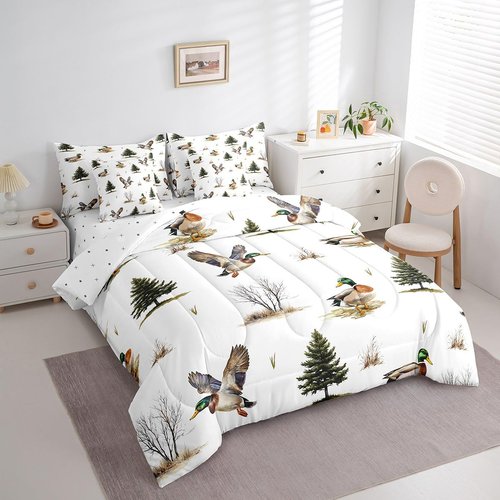 Erosebridal 7Pcs Twin Mallard Duck Bedding for Boys Men Nursery Woodland Wild Ducks Comforter Rustic Country Duck Camo Bedding Set Forest Hunting and Fishing Bed Sheets with Pillowcases Bed in A Bag