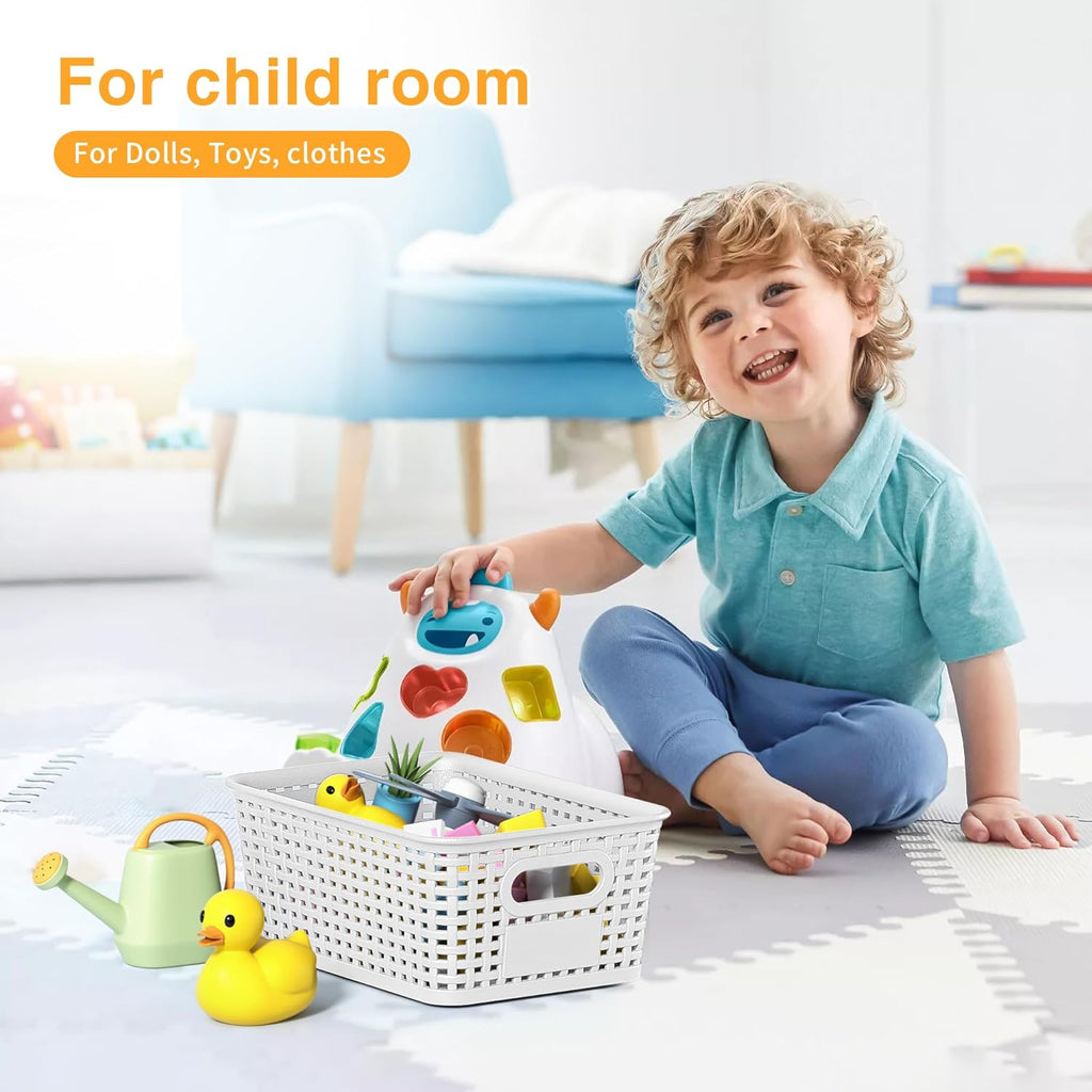 White Plastic Storage Baskets by [Brand Name] - Durable Stackable Bins with Labels | Pack of 8 for Organizing Desktops, Closets & Offices