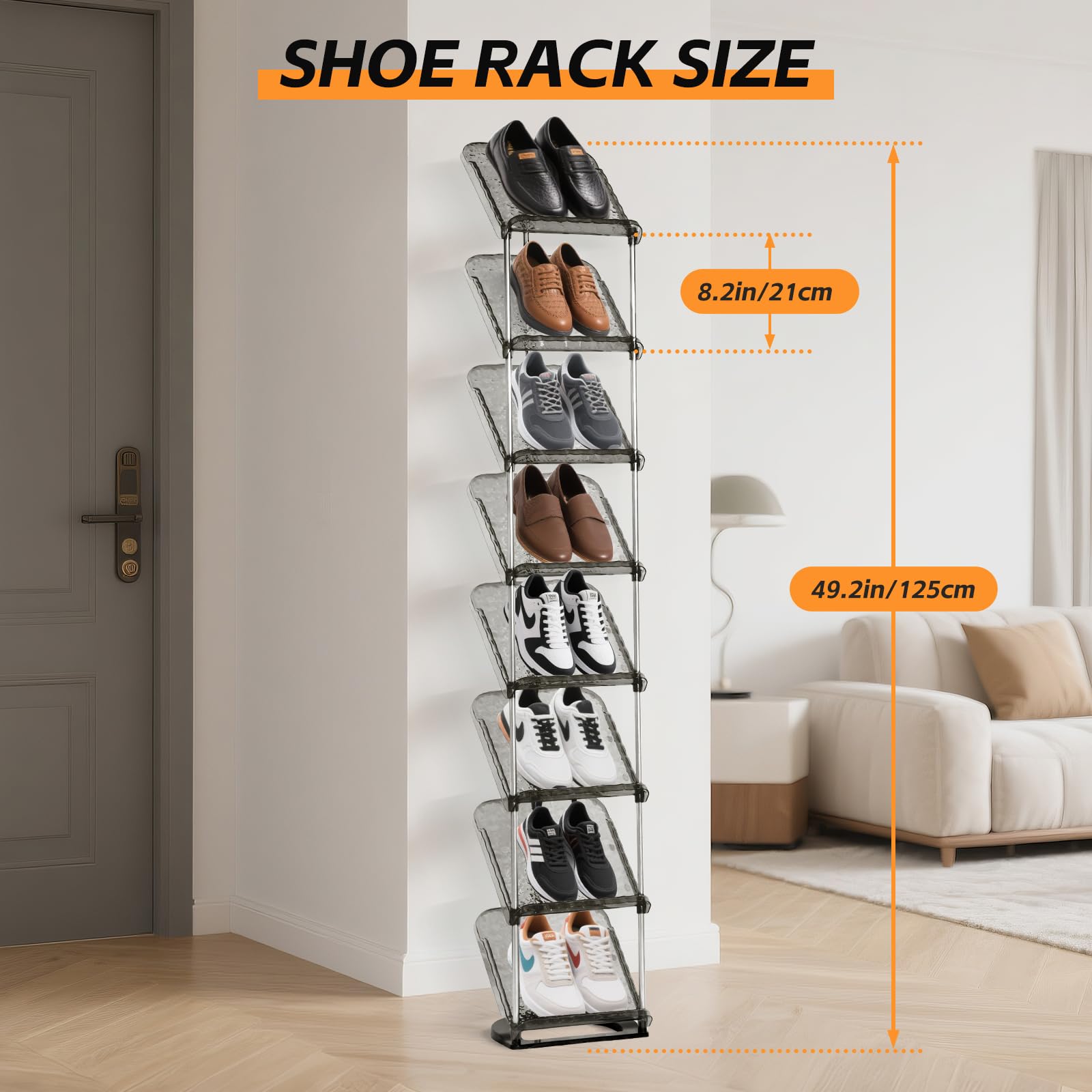 SMILHELTD Vertical Shoe Rack 8 Tiers Narrow Clear Sneaker Storage Holder Luxurious Slim Tall Organizer Space Saving Shelf for Entryway Garage 10.4" W x 64.5" H x 9.8" D (Transparent Black)
