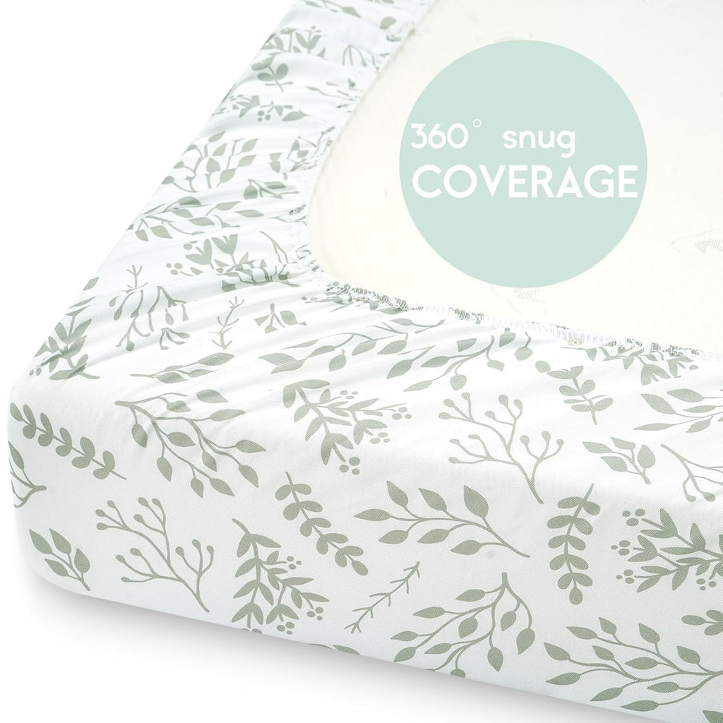 Yoofoss Fitted Pack and Play Sheets - Soft, Breathable Mini Crib Sheets 2-Pack in Green Leaf Design