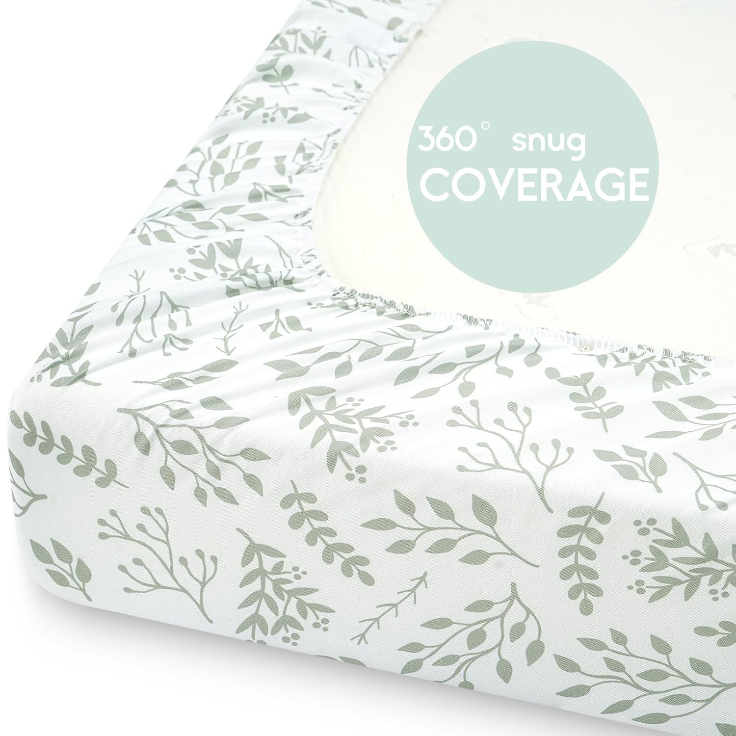 Yoofoss Fitted Pack and Play Sheets - Soft, Breathable Mini Crib Sheets 2-Pack in Green Leaf Design