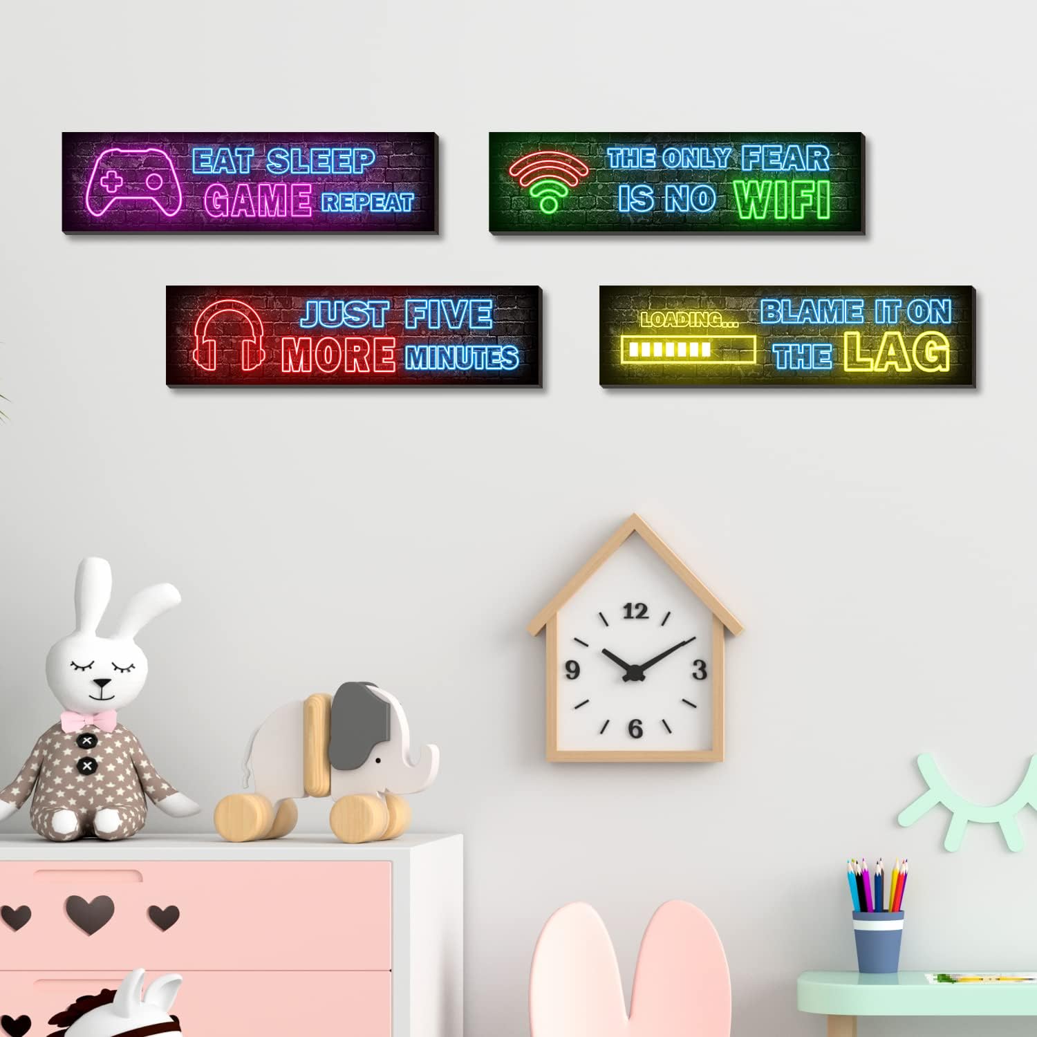 Skiennix Neon Gaming Posters - 4 Pcs Set for Teen Boys Room Decor | Vibrant Gamer Wall Art