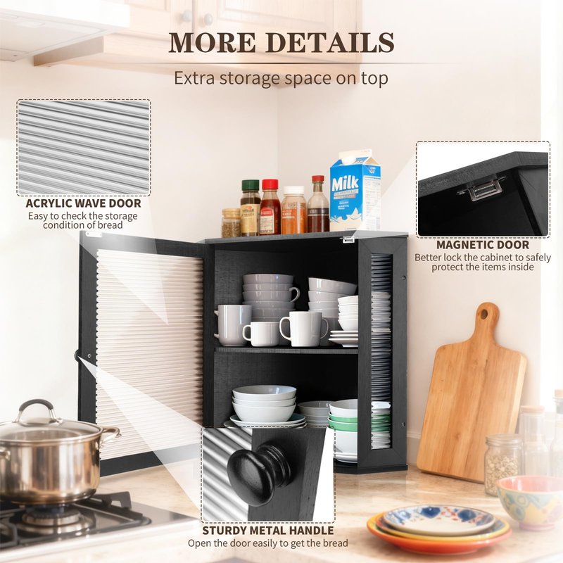 NewEle Extra Large Corner Bread Box - Bamboo Bread Box for Kitchen Countertops, Large Capacity Kitchen Bread Storage and Organizer with Corrugated Acrylic Wavy Window (Black)