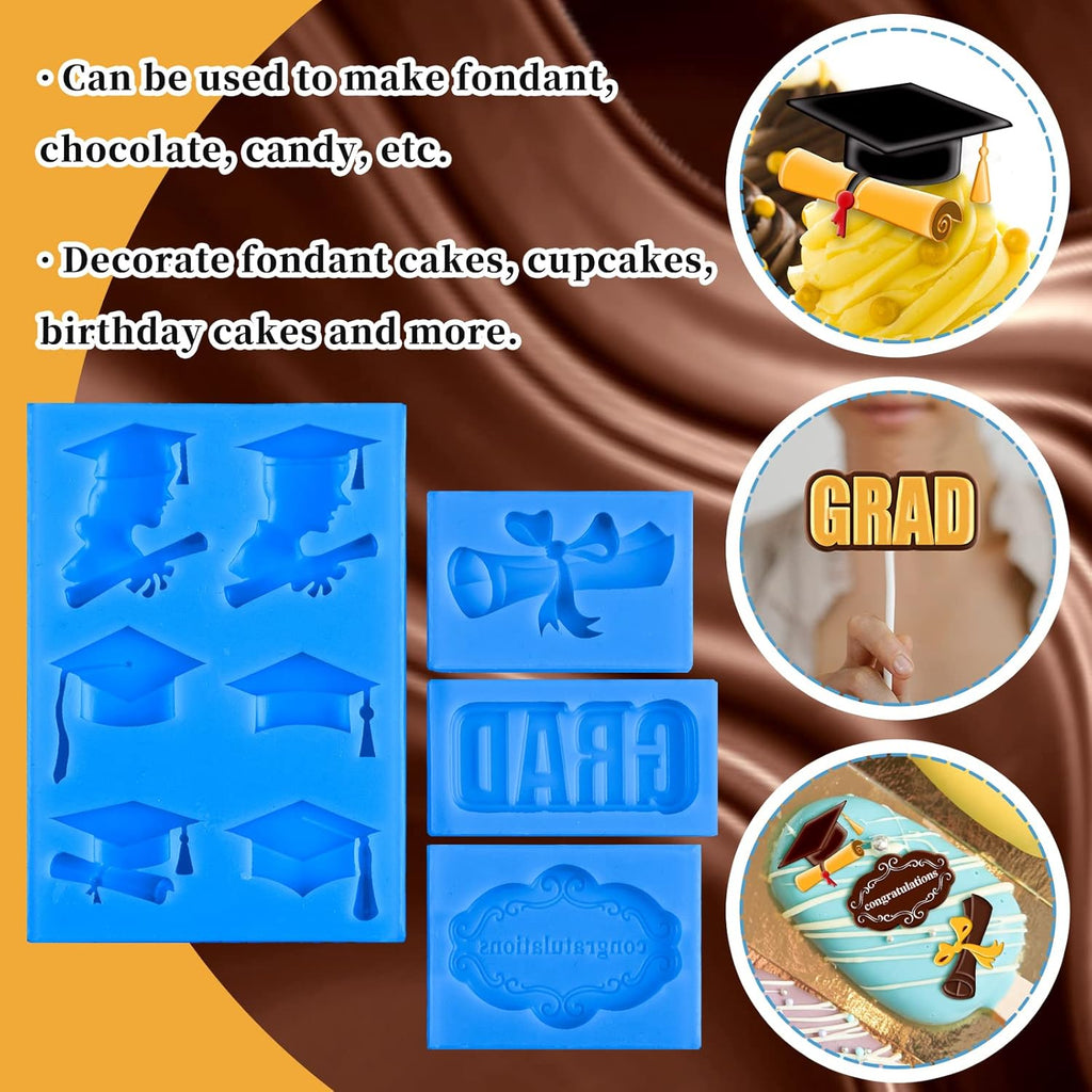 Whaline Graduation Mini Fondant Molds - 4 Pack Silicone Graduation Cap & Diploma | Blue Cake Decor