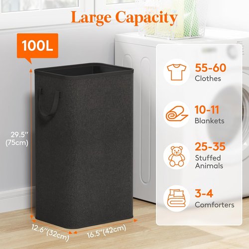 Lifewit 100L Large Tall Laundry Hamper - Collapsible & Portable Clothes Basket for Dorms & Bathrooms | Black