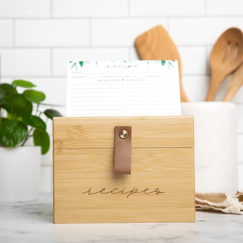 Pera Blanca Recipe Box with Cards and Dividers | Faux Leather Handle | 50 Eucalyptus Patterned Recipe Cards | Wooden Box | Housewarming Gift | 4x6