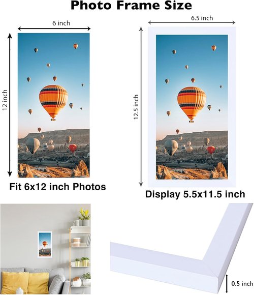 JCJMY 6x12 Picture Frame - White Wall Hanging Frame with Shatter-Resistant Plexiglass | Horizontal/Vertical Display