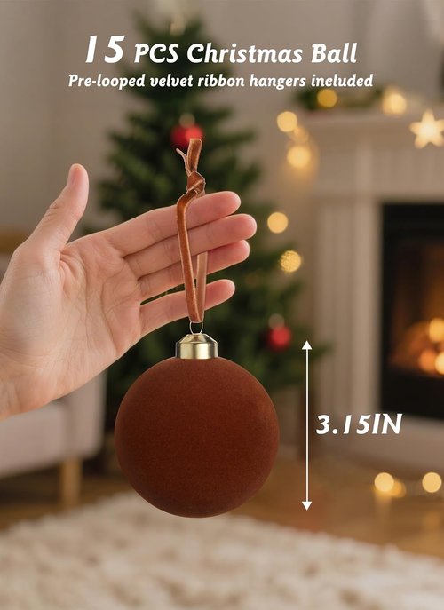 Brightown 15 Pcs Brown Velvet Christmas Balls - 3.15 Inch Flocked Ornaments for Holiday Decor