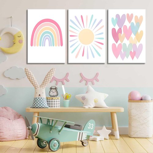 3Pcs Framed Pink Nursery Canvas Wall Art Rainbow Poster Kids Bedroom Baby Girls Toddler Pastel Wall Decor Prints Sun Boho Pink Sunshine Painting for Classroom School Nursery Decoration 16x24in