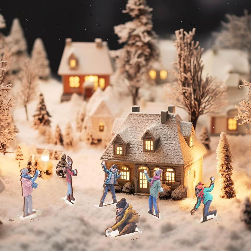 Weysat Christmas Village Snowball Fight Figurines - 12-Piece Wooden Model Set for Winter Decor