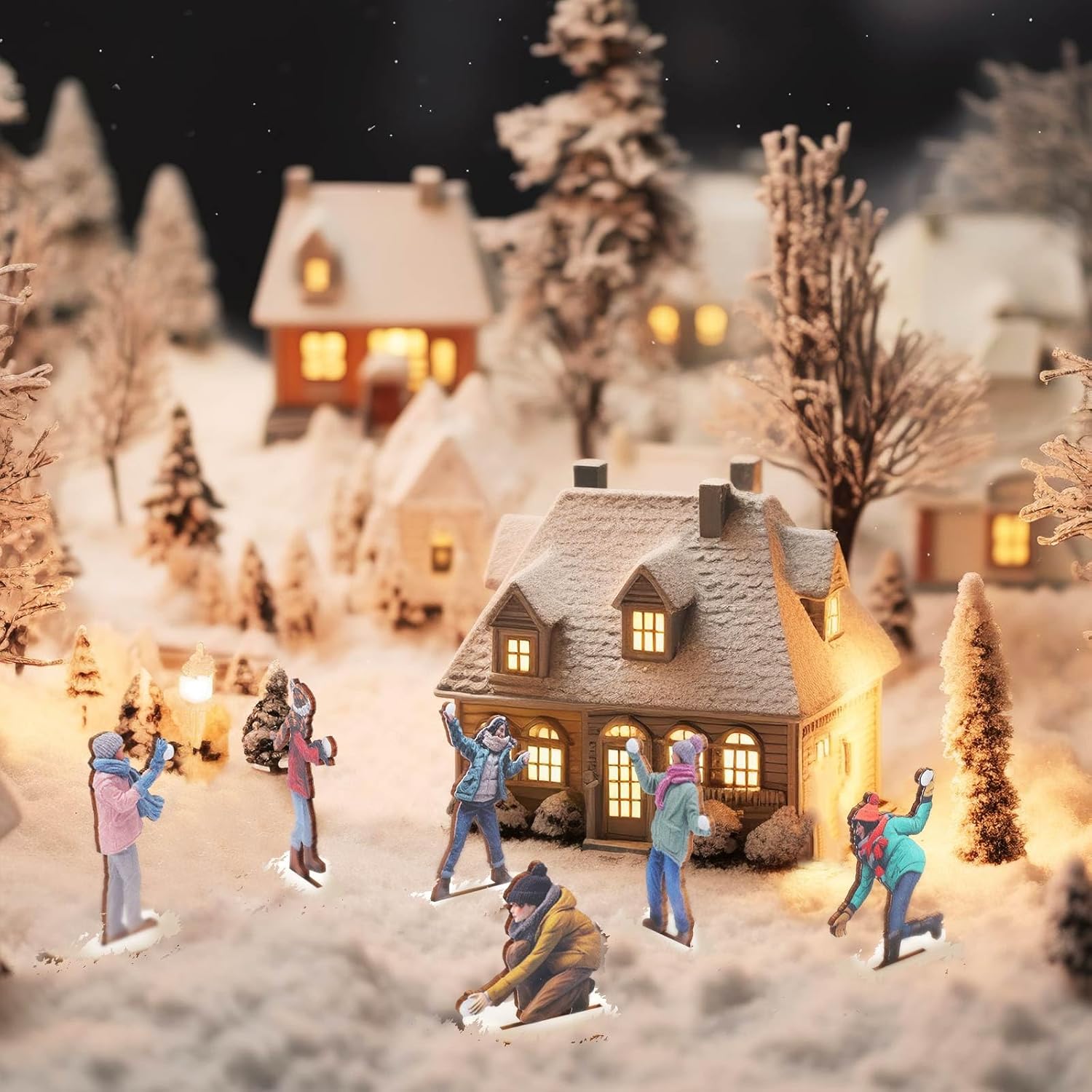 Weysat Christmas Village Snowball Fight Figurines - 12-Piece Wooden Model Set for Winter Decor
