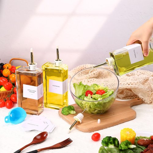 Reallnaive 3 Sets Olive Oil Dispenser Bottles for Kitchen with Nozzles Funnel Labels Cooking Oil Dispenser 500ml Set for Kitchen Vinegar Coffee Syrup (Gold)