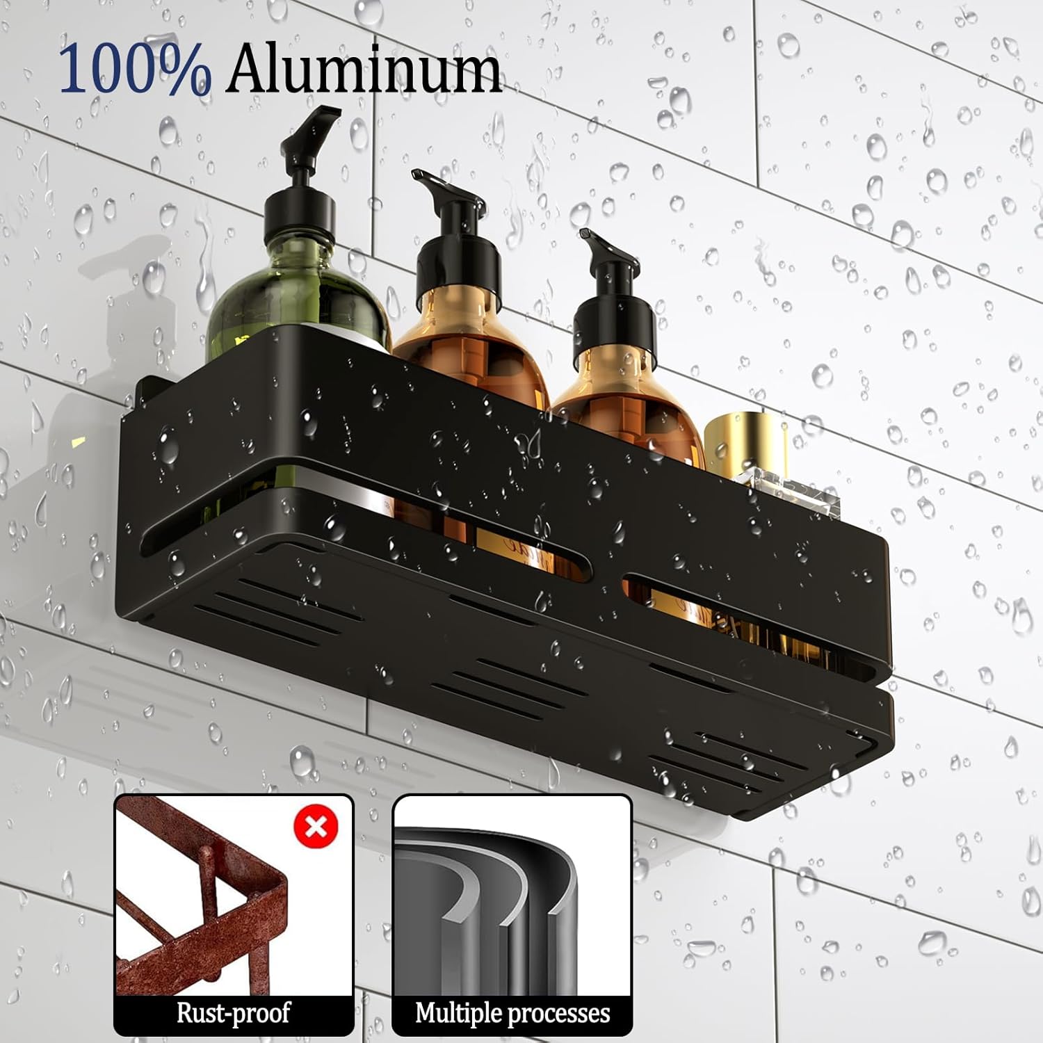 Regine Switzerland Shower Caddy - Heavy-Duty No-Drill Bathroom Organizer | 2-Pack Black Metal Storage Shelf