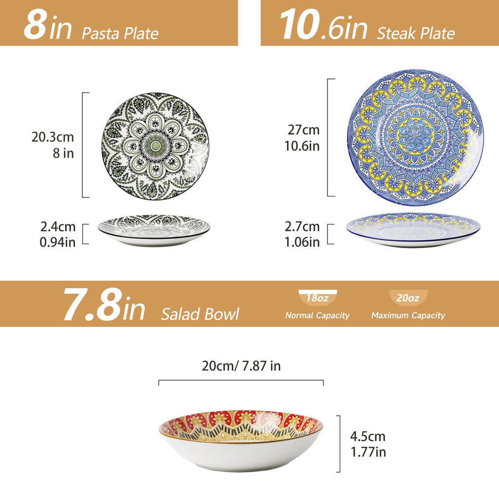 Ceramic Dinnerware 12 Pieces Dinner Set,Plates Pasta Bowls Cereal Bowls Reactive Change Glaze Dish Sets, Modern Stoneware Dishe Bohemian colors (Bohemia)
