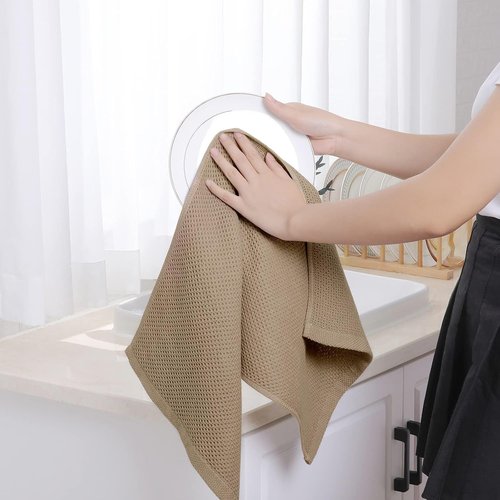 Homaxy 100% Cotton Waffle Weave Kitchen Dish Towels - Ultra Soft & Absorbent | 13 x 28 Inches, Tan, 4-Pack