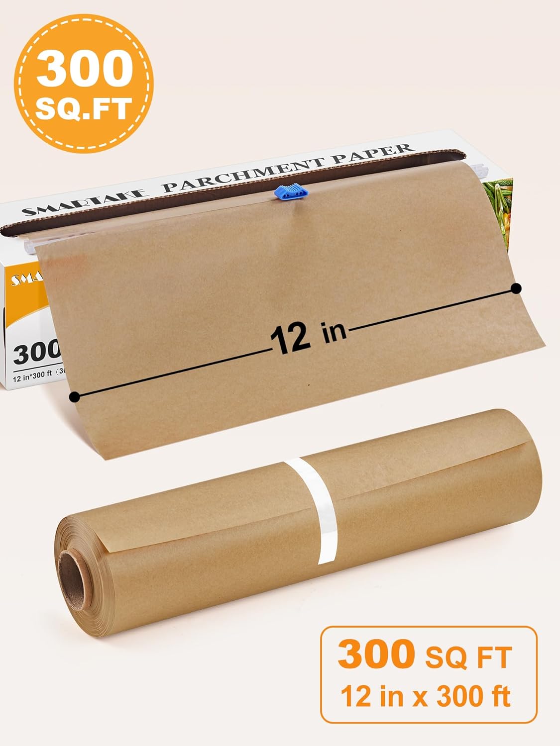 SMARTAKE Non-Stick Parchment Paper Roll - 12" x 300 ft | Heavy Duty Baking Sheets with Slide Cutter