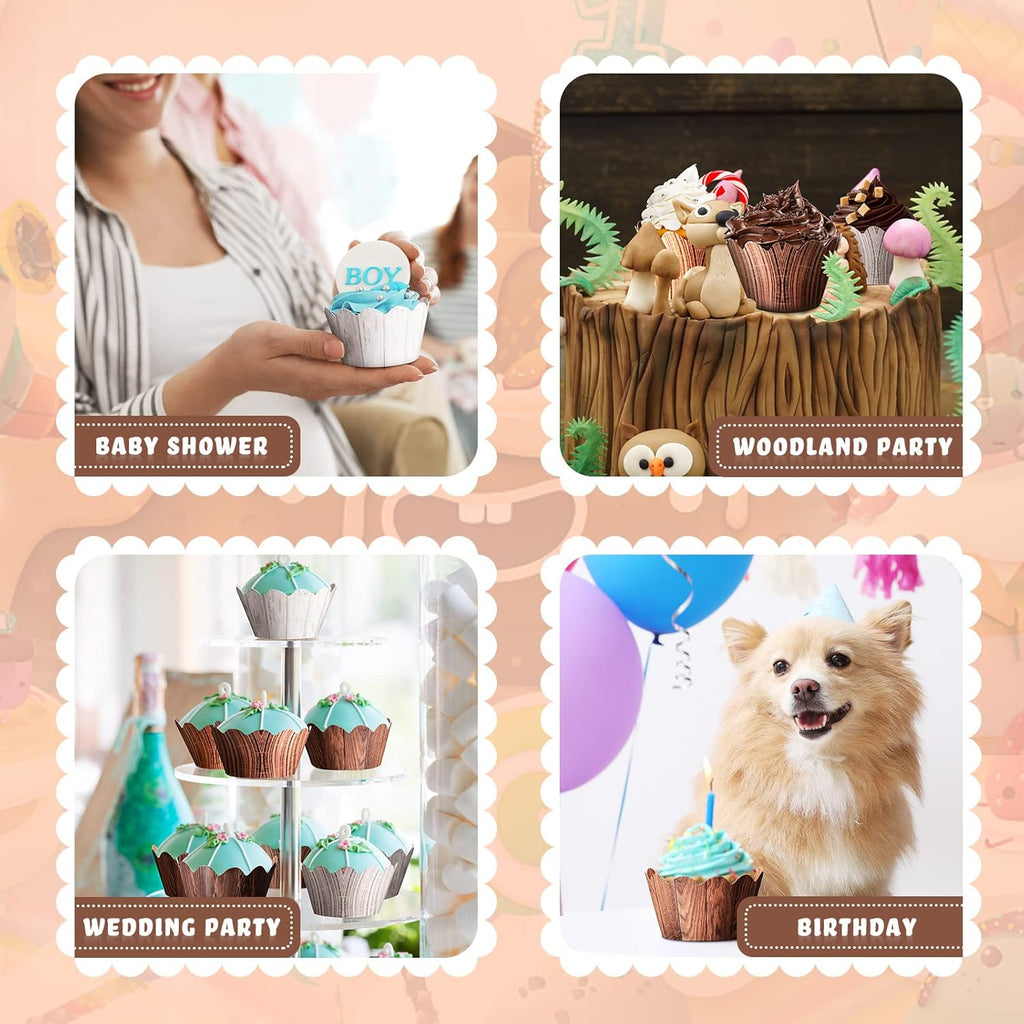 Skiennix Wood Grain Cupcake Wrappers - 120 Pcs Rustic Cake Liners for Baby Showers & Weddings | Woodland Theme