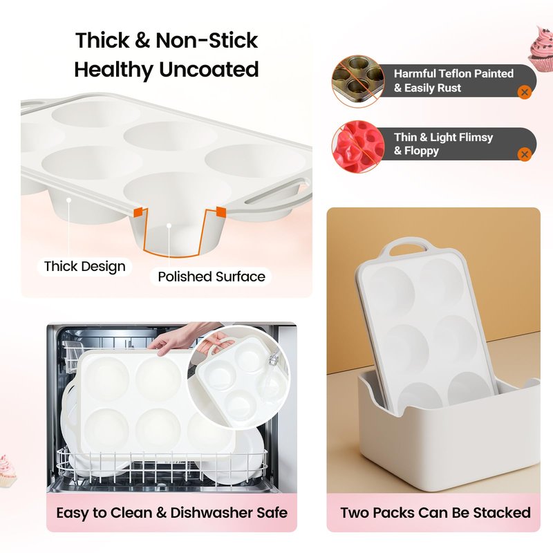 Fimary Silicone Jumbo Muffin Pan with Metal Frame, Non Stick Food Grade Silicone Large Muffin Pan, with Handles 6 Cup,BPA-Free and Dishwasher Safe, Jumbo Cupcake Pans - 2 Piece Gray