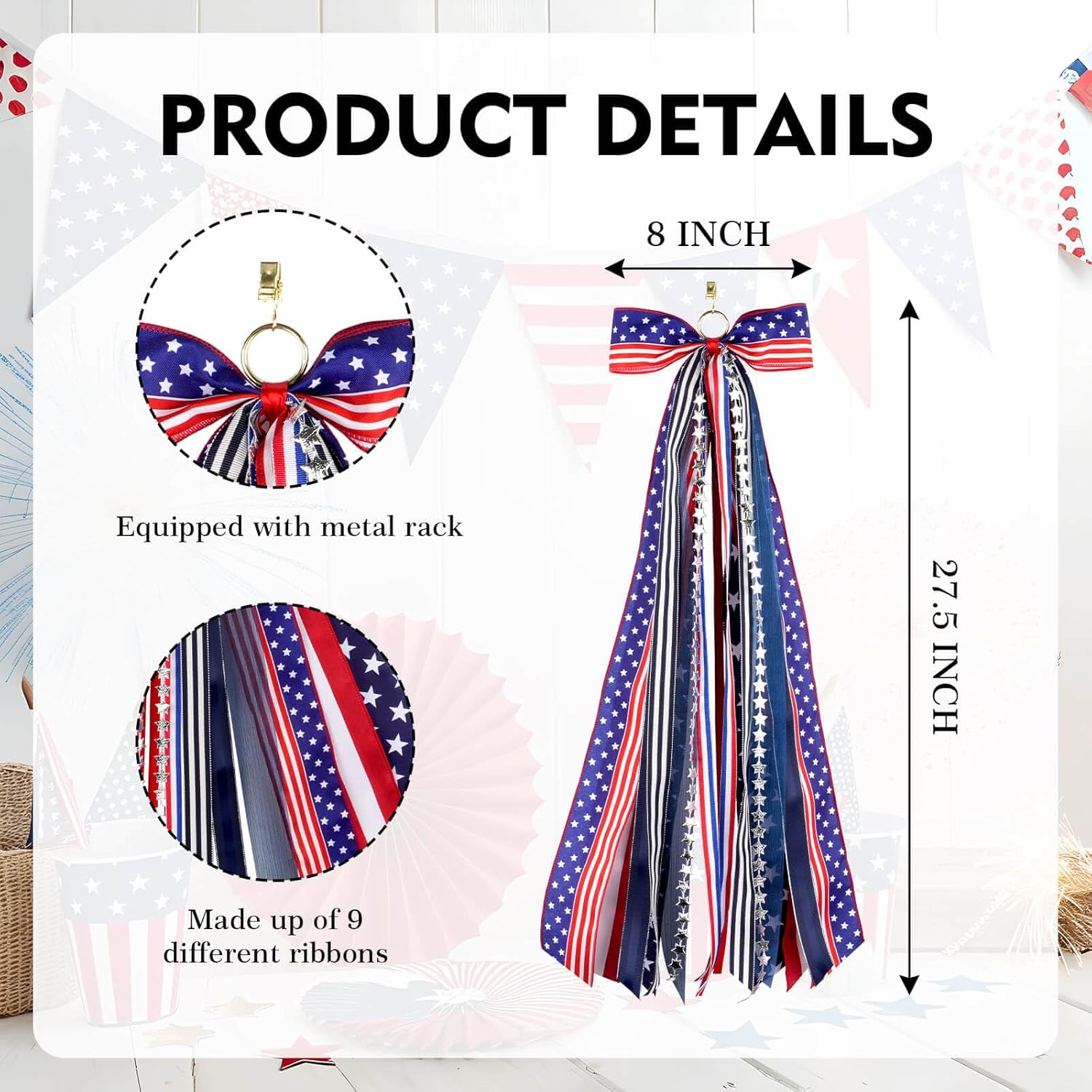 YKW Patriotic Wreath Sash - 27.5" Red, White & Blue Ribbon Bundle with Star Charm | 4th of July Decor