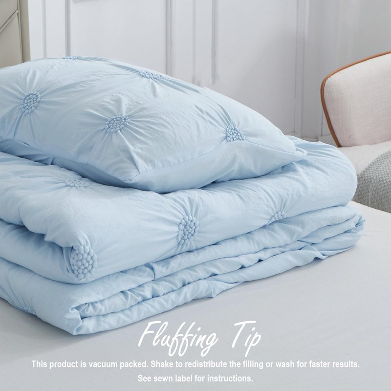 Swift Home Twin/Twin XL Baby Blue Comforter Set - Ruched 3D Floral Pintuck Bedding Set - 2 Pieces Bed Linen, 1 Comforter and 1 Pillow Sham