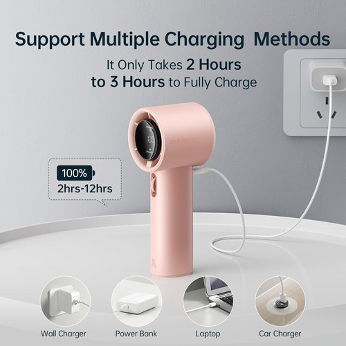 JISULIFE Portable Handheld Fan - Adjustable Speed Turbo Mini with 3600mAh Battery | Pink Color for Travel & Outdoor