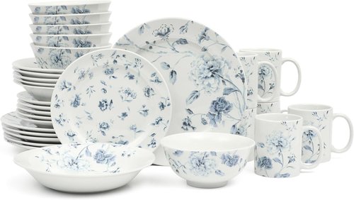 Martha Stewart Empress Bouquet Dinnerware Set - 30 Piece Porcelain Plates & Bowls | Chip & Scratch Resistant - Blue Floral