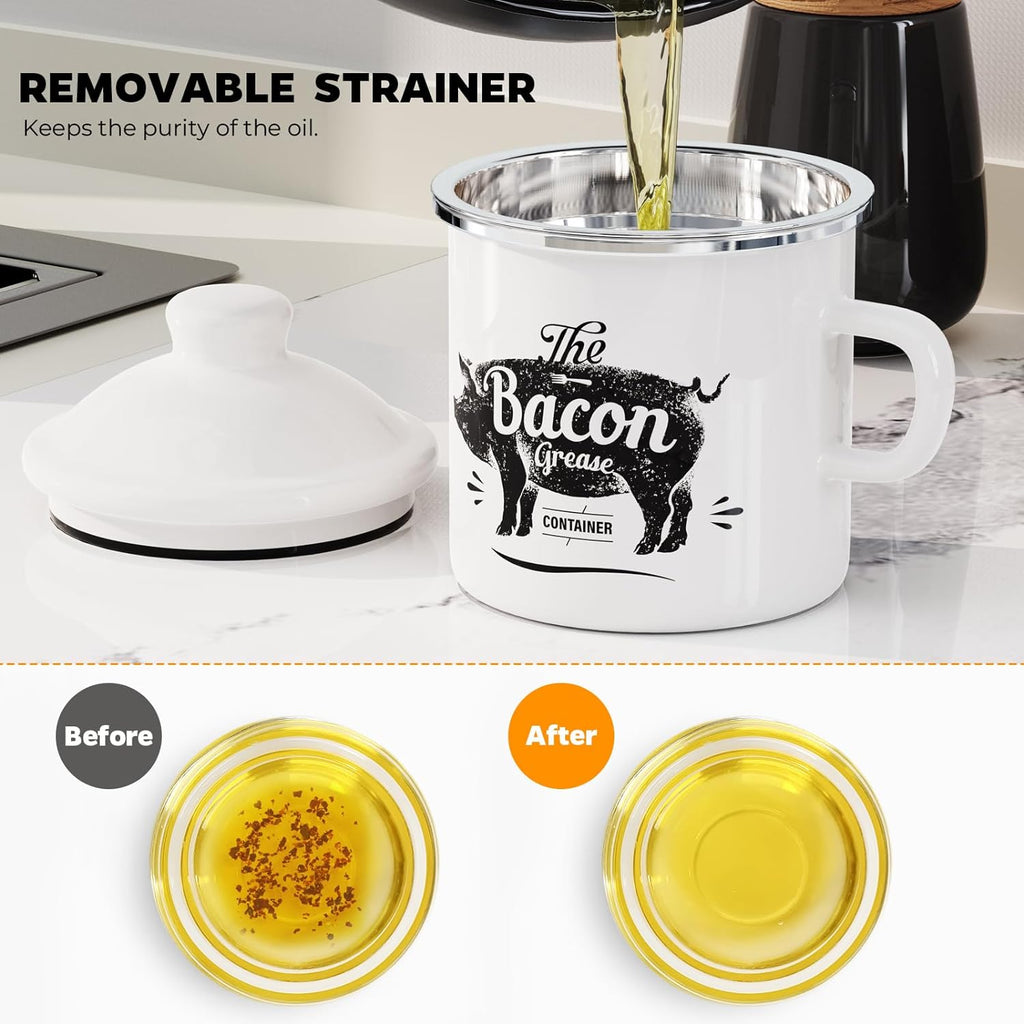 PGYARD Mini Bacon Grease Container - 15oz Enamel Strainer for Kitchen Fat Storage | Dishwasher Safe - White