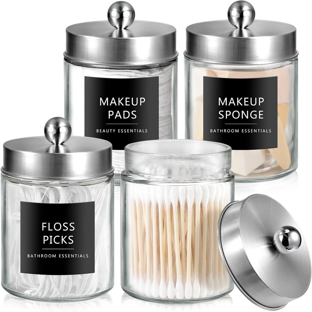 SheeChung Glass Qtip Holder Dispenser - Rust-Proof Stainless Steel Apothecary Jars | Bathroom Organizer for Cotton Swabs, Balls, Pads - Brushed Nickel Finish