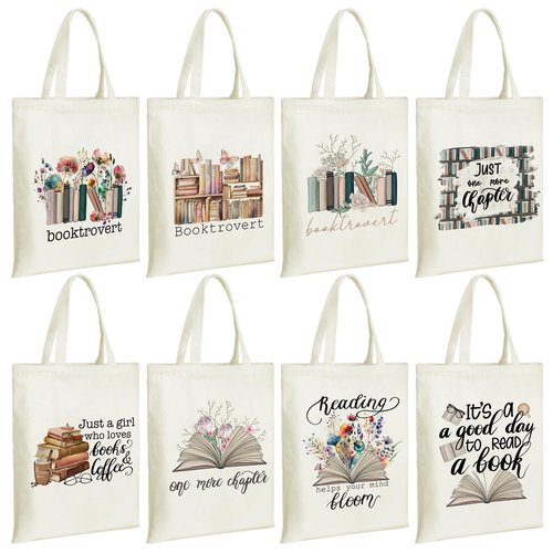 Sweetude 8 Pcs Book Lovers Club Gifts Bulk Canvas Tote Bags Bookish Librarian Reader Gift for Women Teacher(Book,Flower)