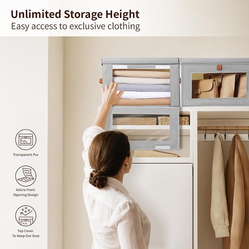 Homsorout Large Closet Storage Organizer - Collapsible Fabric Bins with Handles & Window | 2 Pack, Grey
