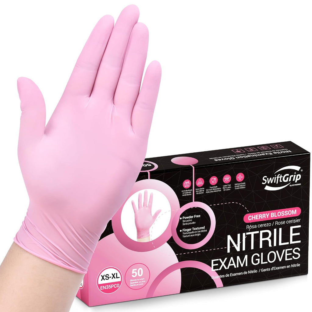 SwiftGrip Disposable Exam Gloves - Pink, X-Small, 50-Count | Powder-Free, Latex-Free, Medical Grade for Cleaning & Estheticians