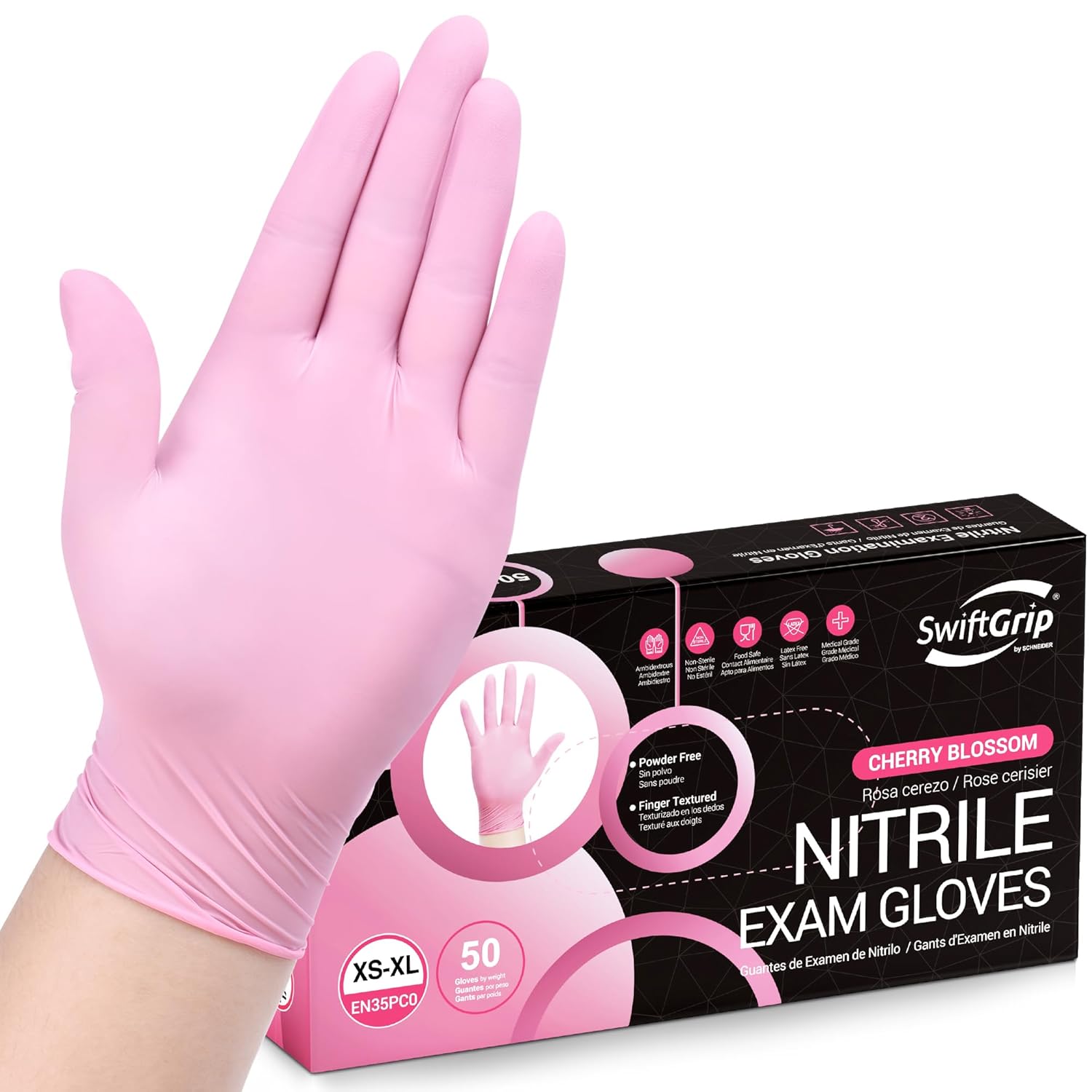 SwiftGrip Disposable Exam Gloves - Pink, X-Small, 50-Count | Powder-Free, Latex-Free, Medical Grade for Cleaning & Estheticians