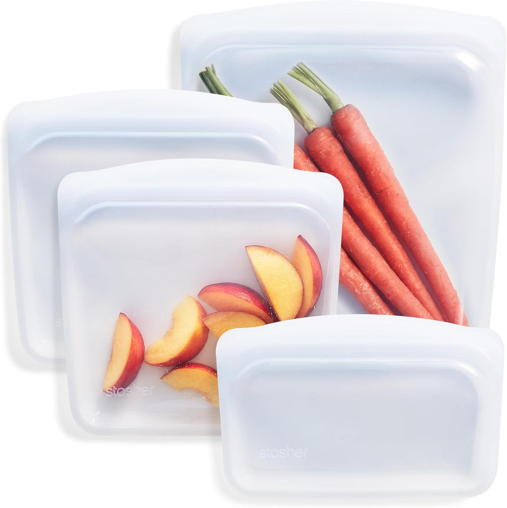 Stasher Silicone Reusable Food Storage Bags - Eco-Friendly, Microwave & Dishwasher Safe, 4-Pack | Clear Snack Containers