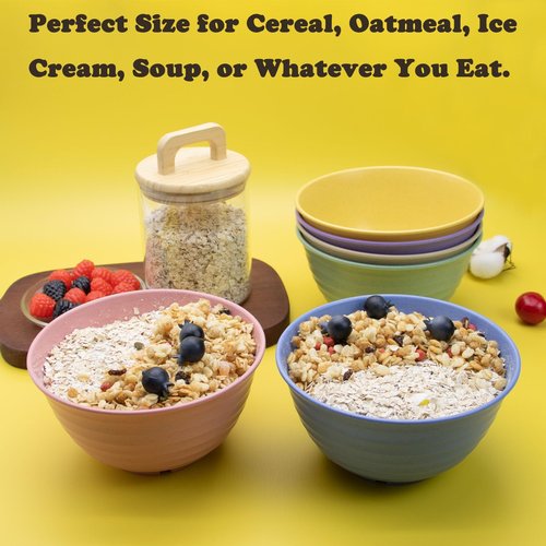 MKYHBOO Cereal Bowls Set, 37oz Unbreakable Wheat Straw Bowls Set, 6 Pcs Reusable Plastic Soup Bowls, Deep Lightweight Bowl Sets