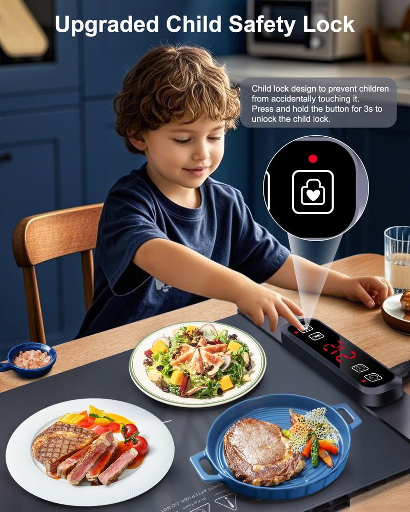 AUTOPkio Food Warming Mat, Rapid-Heat Electric Warming Tray with 5 Adjustable Temperature Settings, 1-4H Auto Shut-Off Timer & Child-Safe Lock, Roll-Up Design for Buffets, Parties & Family Gatherings