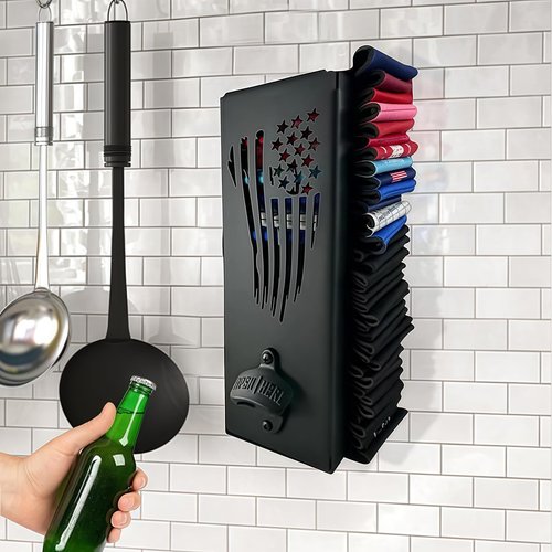 2 in 1 Metal Can Cooler Holder with Bottle Opener - Wall Mount, Compatible with Standard Can Cooler, Beer Sleeves Organizer and Dispenser for Home Family Bar (16 in)
