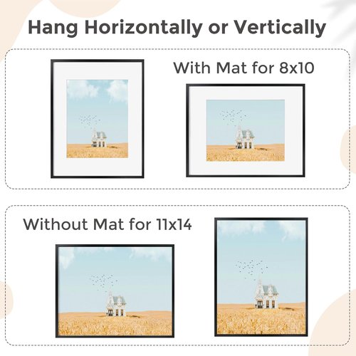 FLYJOE 11x14 Picture Frame - Metal Frame with Mat for 8x10 Photos | Black Aluminum Design with Plexiglass