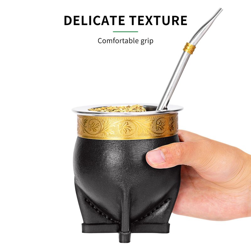 Cuopru Premium Argentina Imperial Yerba Mate Cup with Bombilla Mate (Straw) Set, Baroque Style, Leather Gourd, 304 Stainless Steel Inner (Black)