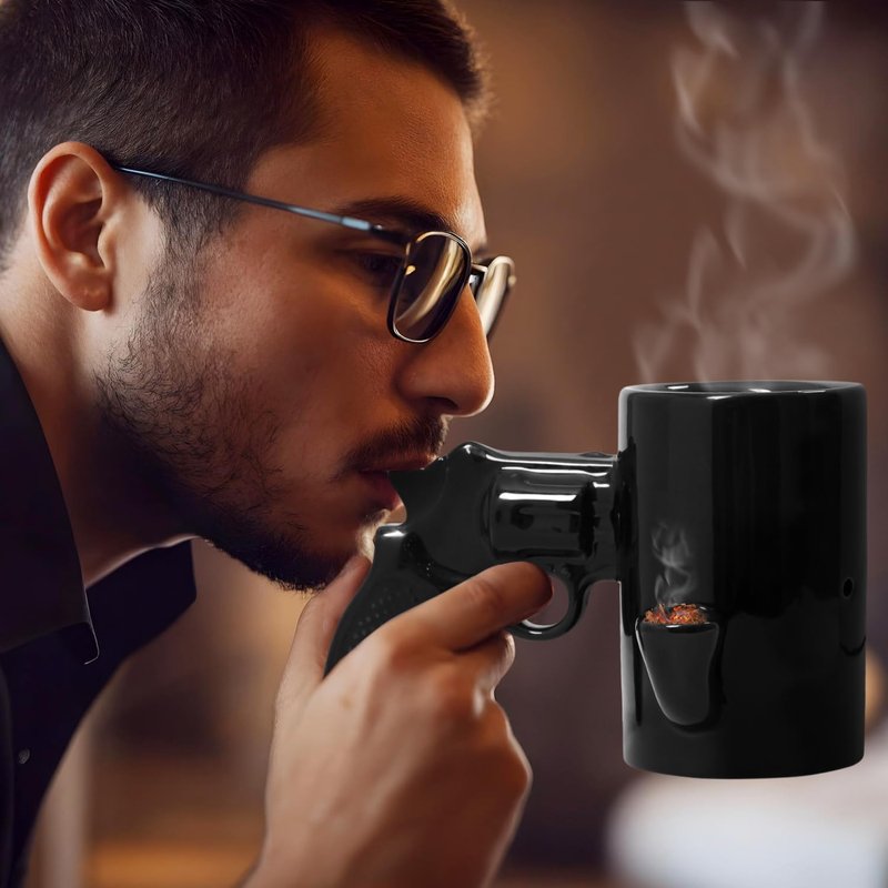 Gun Coffee Mug for Men, Unique Ceramic Wake and Bake Coffee Mug Featuring a Built in Smoke Pipe, Perfect Cup for Who Want Something Functional, Funny and Unforgettable