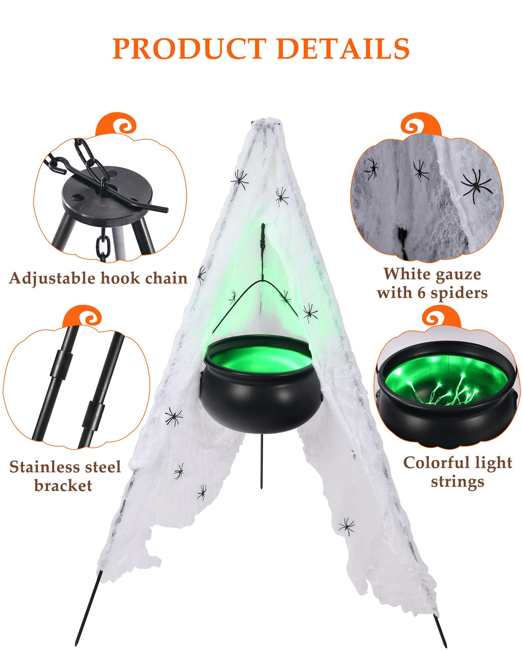 Halloween Decorations Outdoor, DIY Witches Cauldron Black Plastic Bowl Indoor, Halloween Witch Cauldron on Tripod with Lights, Cotton, Spider Web- Candy Bucket Porch Yard Decor