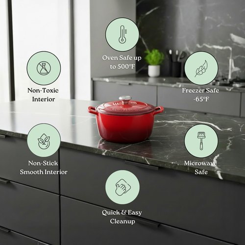 ROSSALLINI Signature Enameled Cast Iron Dutch Oven, Non-Stick Serving Pot with Tight Fitting Lid for Perfect Roasting, Baking, Sauteing, and Bread Making | 2Q (1.9L) - Red
