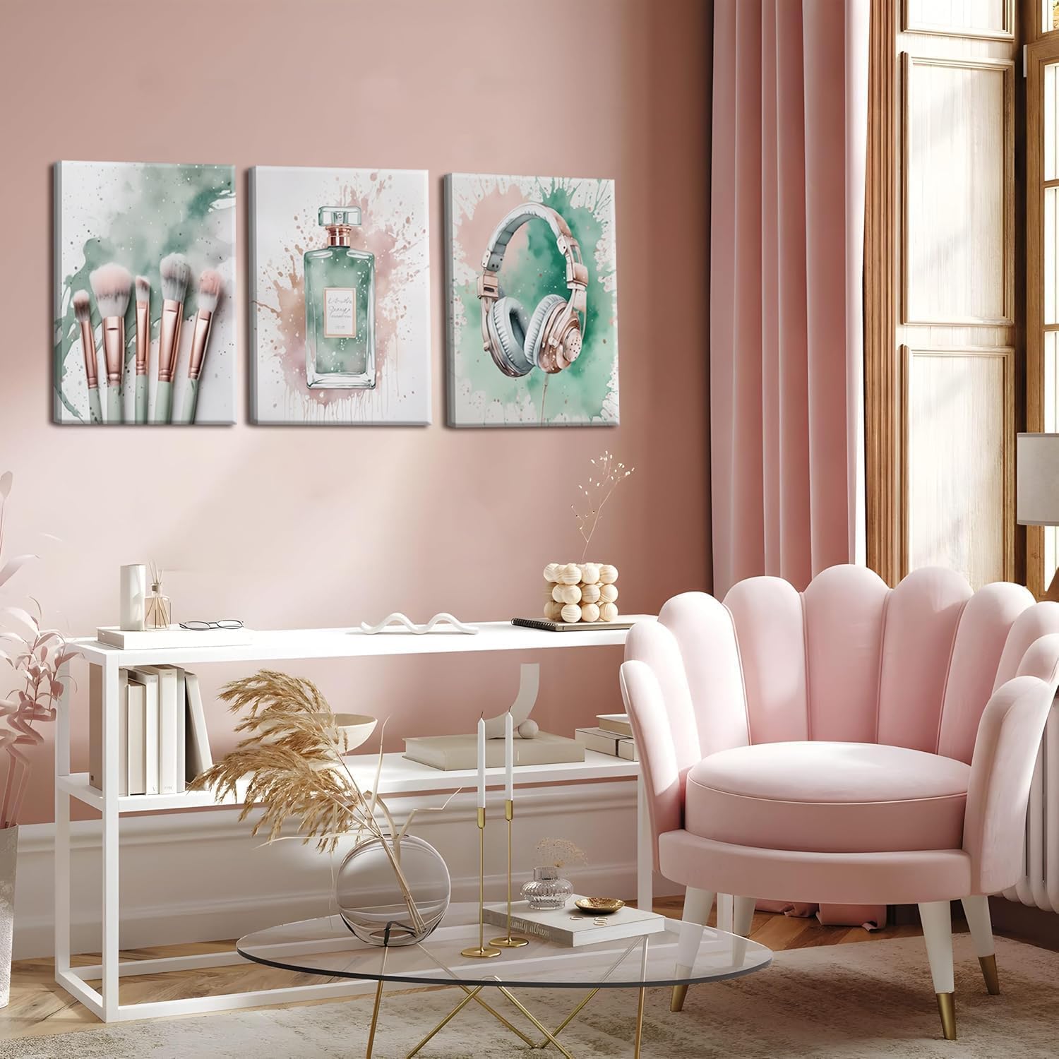 Skiennix Fashion Makeup Canvas Wall Art Set of 3 - Trendy Pink & Sage Green Decor for Teen Girls | 12x16 Inch Framed