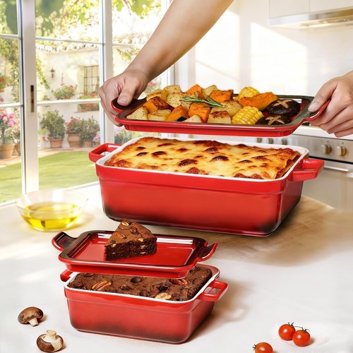 ACMLIFE Ceramic Casserole Dish Set - 4-Piece Stoneware Bakeware with Lid | Red, Oven-Safe, 3.06 Qt & 0.95 Qt